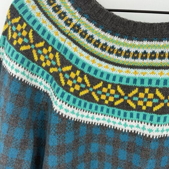 Talbots Womens Sweater Lambswool Blend Fair Isle Gray Blue Plaid Pullover XL - Picture 2 of 4